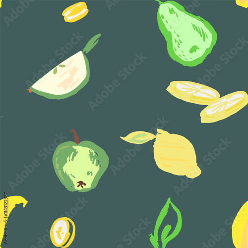 Pattern with fruits apples, bananas, pier, lemon slides and half’s vector, hand draw interesting and different, fun green and halthy