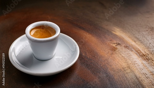 A single shot of espresso in a small white cup sits on a dark brown rustic surface.