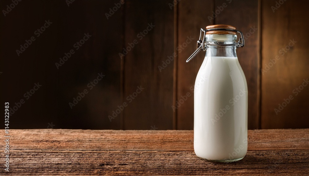 A glass bottle of milk sits on a rustic wooden surface. A glass bottle of milk sits on a rustic wooden surface.