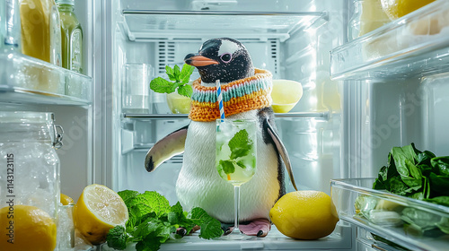 Penguin in the fridge with refreshing mojito cocktail, wearing a colorful knitted scarf. Fresh mint leaves and sliced lemons around. Summer concept, business, bar, promo, marketing, drinks