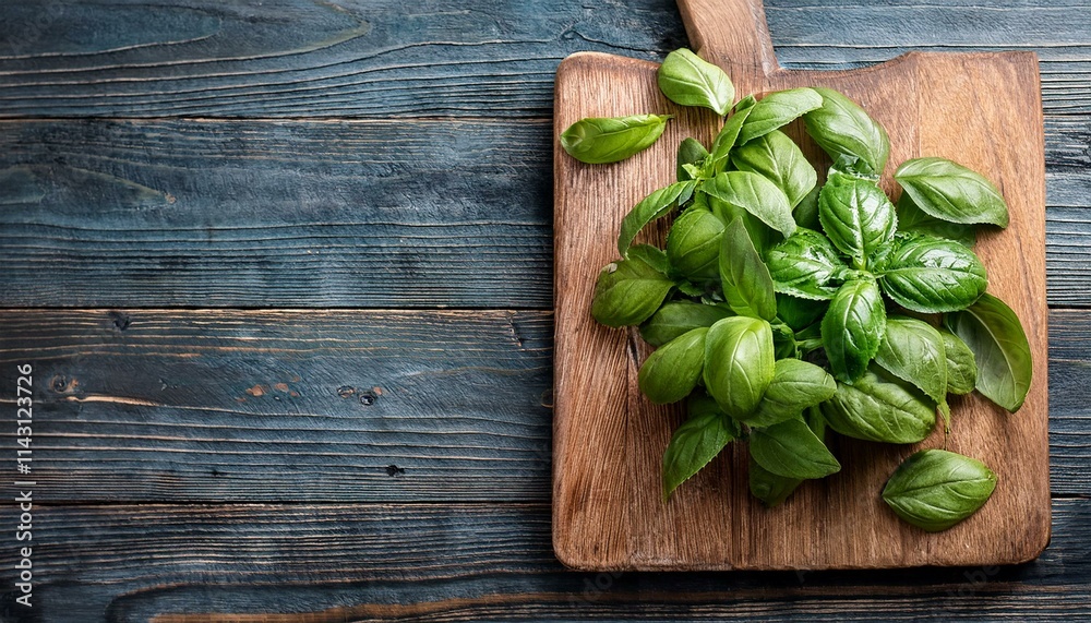 Fresh basil leaves on a rustic wooden board. Fresh basil leaves on a rustic wooden board.