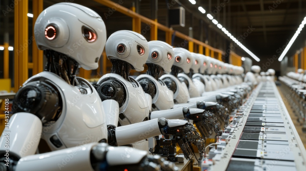 Futuristic robots standing in organized rows in industrial factory Futuristic robots standing in organized rows in industrial factory
