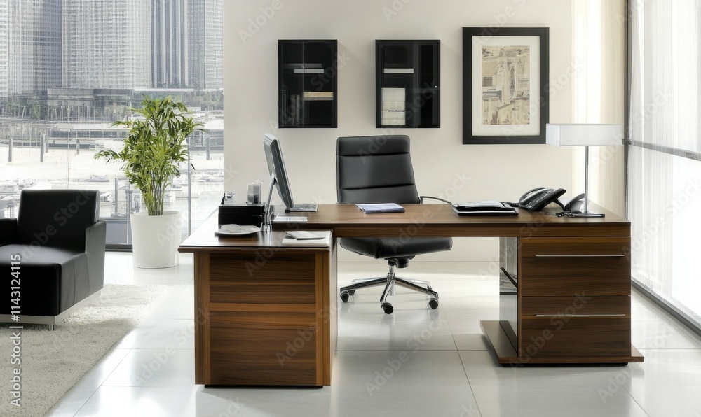 A modern home office featuring an L-shaped desk with the user back to the wall. A modern home office featuring an L-shaped desk with the user back to the wall.