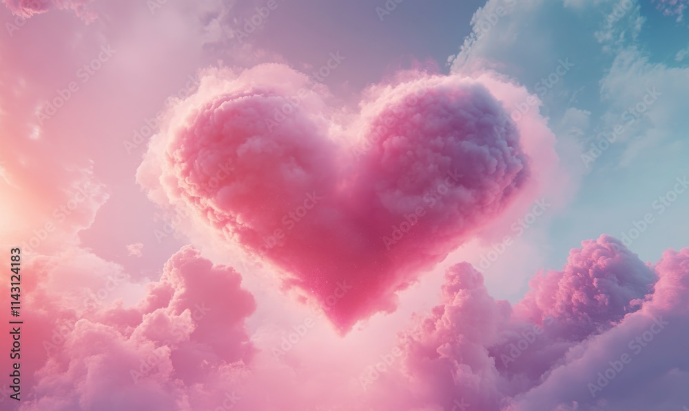 Beautiful, White Puffy Clouds in the Sky in the Shape of a Love Heart. Modern Valentine's Day Background.