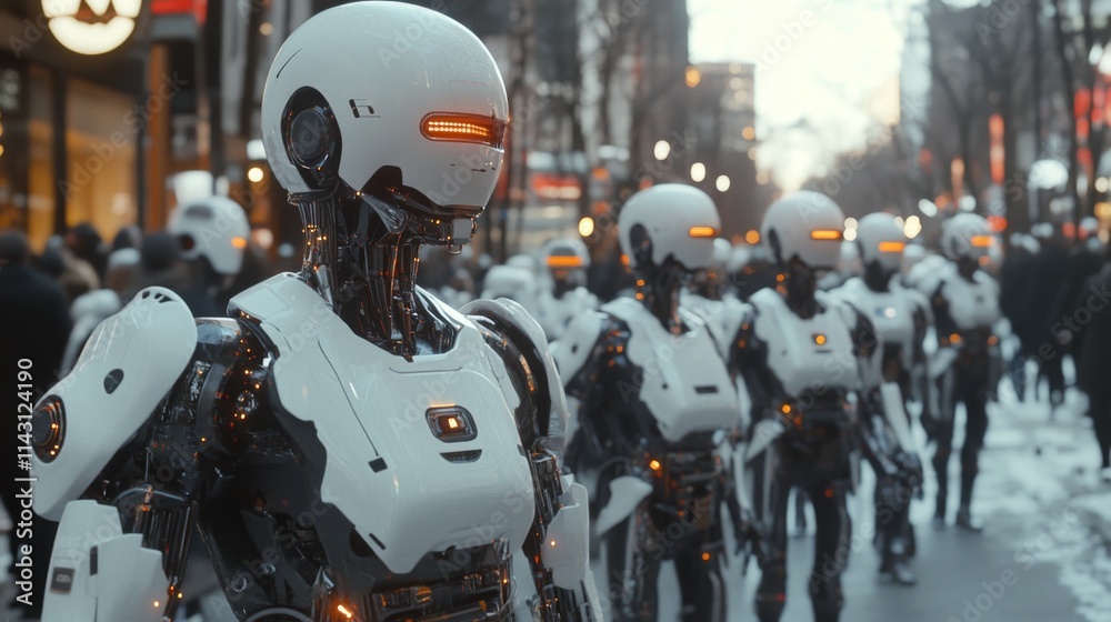 Humanoid robots walking in formation in a futuristic setting Humanoid robots walking in formation in a futuristic setting