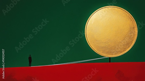 Man watching giant gold coin balanced precariously.