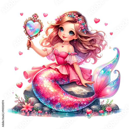 Cute mermaid holding a mirror photo