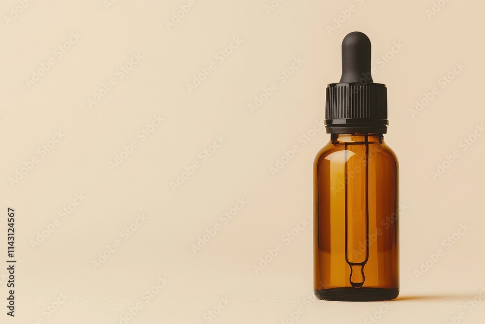 Fototapeta premium An amber glass dropper bottle sits elegantly against a soft background, ideal for oils, tinctures, or herbal extracts.
