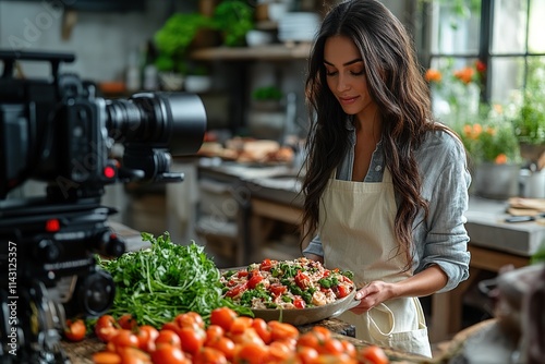 Fit healthy young girl recording her video blog episode about healthy food additives while standing at the kitchen at home photo