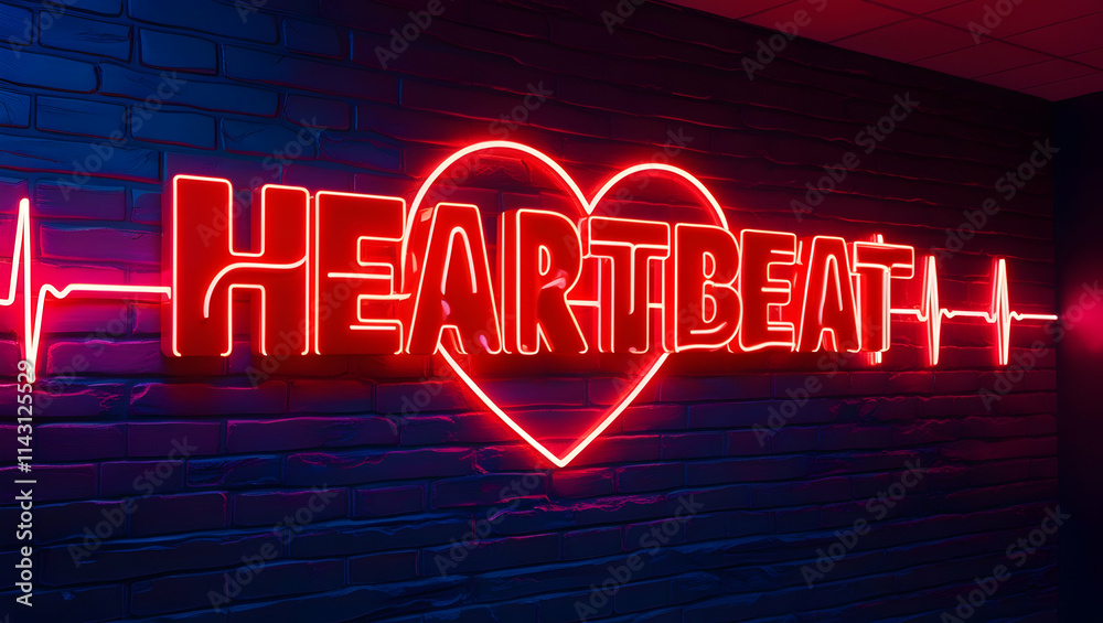 Fototapeta premium Red neon heartbeat sign on a brick wall.