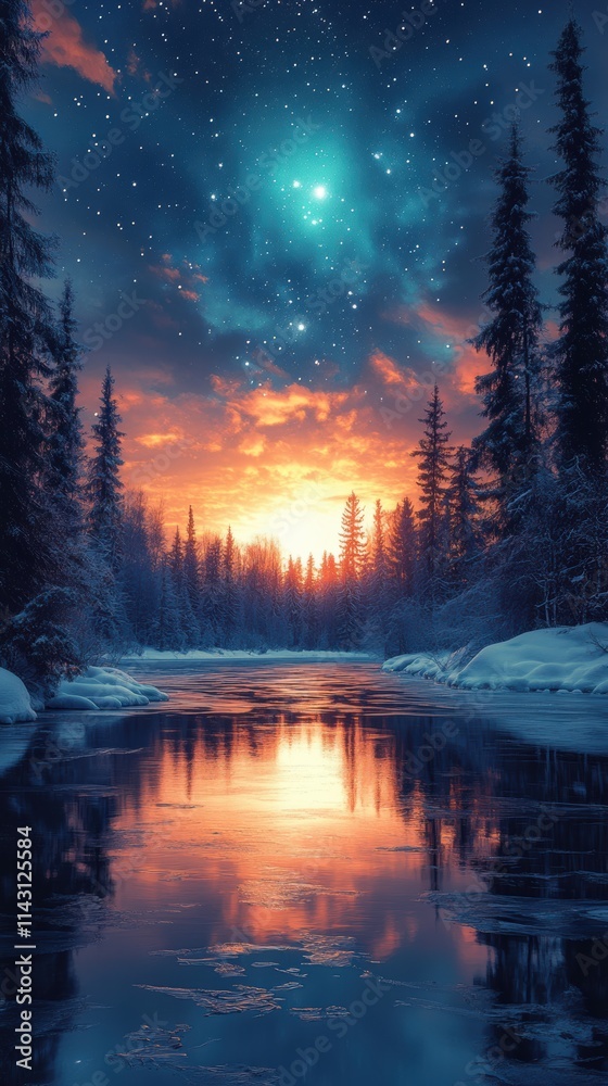 Lake reflecting the glow of the northern lights at sunset over a serene winter landscape Lake reflecting the glow of the northern lights at sunset over a serene winter landscape