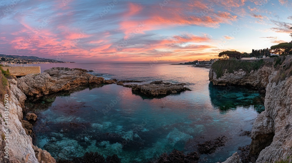 Panoramic sunset view of a tranquil cove with clear water, rocky coastline, and colorful sky. Panoramic sunset view of a tranquil cove with clear water, rocky coastline, and colorful sky.
