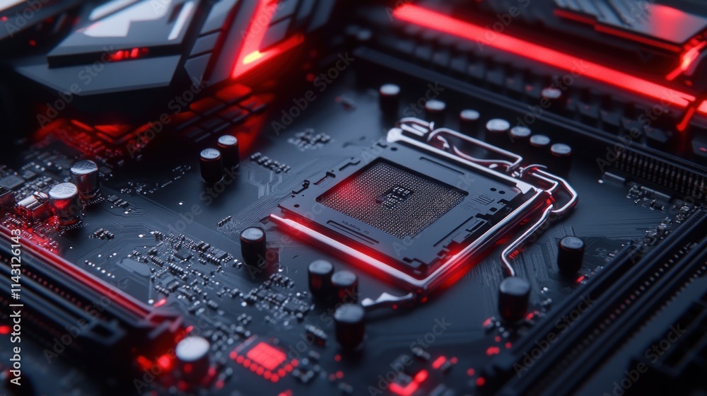Fototapeta premium Close-up of a computer motherboard with CPU, illuminated with red LED lights.