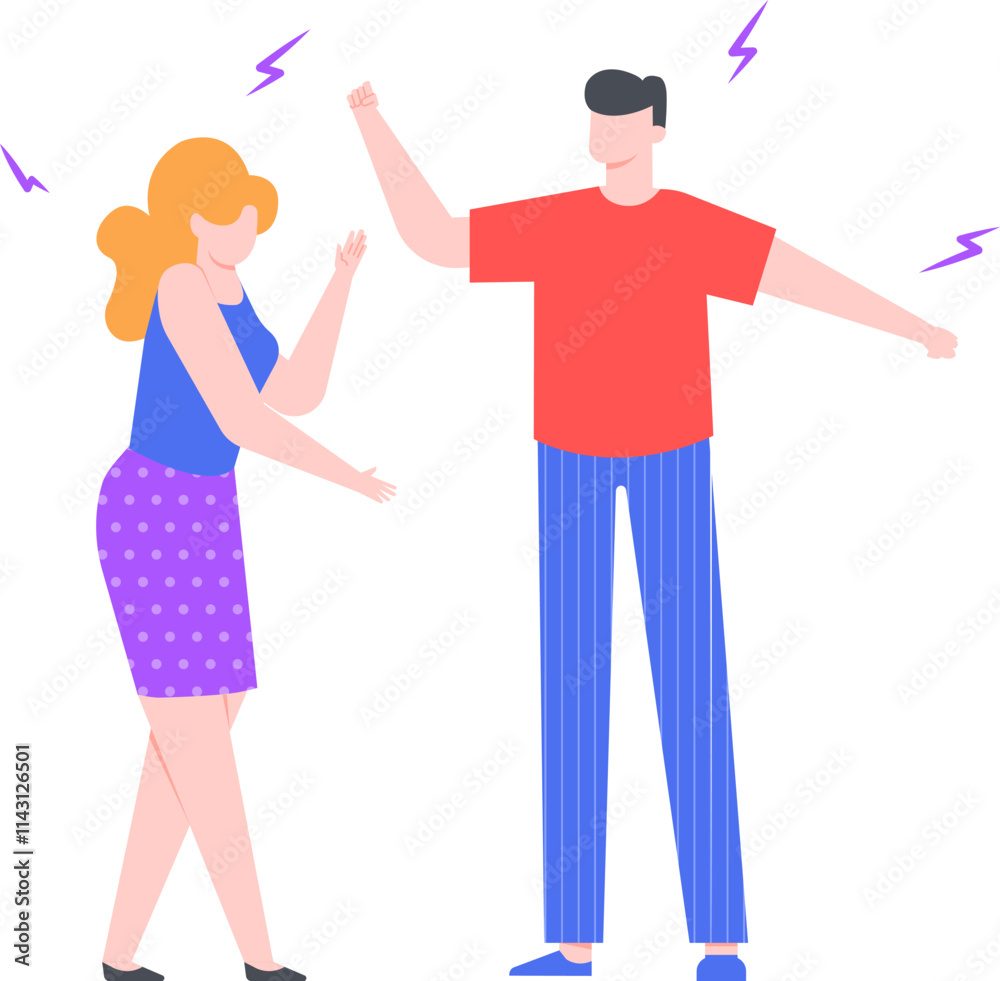 Young man and woman arguing and gesturing with raised fists and lightnings, expressing anger, disagreement, conflict, and quarrel in a stressful situation Young man and woman arguing and gesturing with raised fists and lightnings, expressing anger, disagreement, conflict, and quarrel in a stressful situation