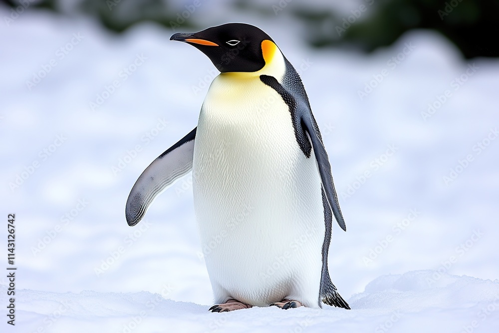 Fototapeta premium Emperor penguin stands in snow, gaze focused, wings slightly open