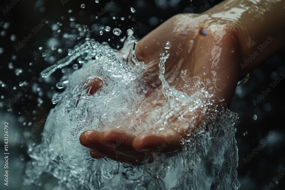 Hand cupping splashing water, close-up. Hand cupping splashing water, close-up.