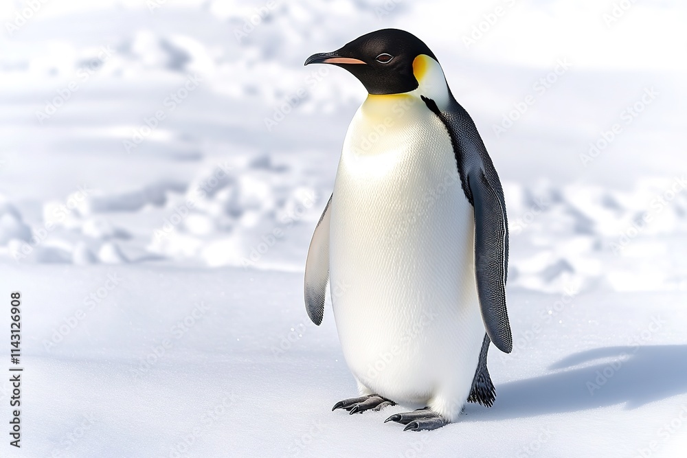 Obraz premium Emperor penguin in snowy landscape, sunshine, clear sky