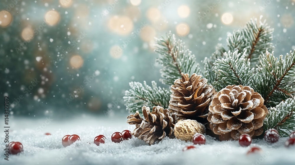 Christmas card in muted tones of pastel green, beige, and gold. Empty space for text.