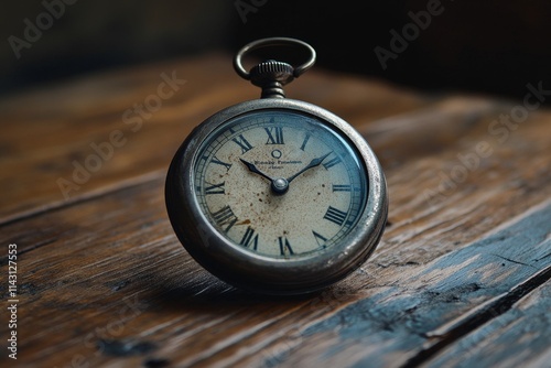 Antique pocket watch with Roman numerals rests on aged wooden surface.