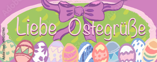  Ostergrußkarte mit vielen Eiern. handgezeichnet mit Textur, Vektor, isoliert. mit Schleife und wunderschönen Frühlingsfarben