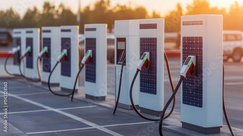 Electric vehicle charging stations lined up, ready to power eco-friendly cars under a beautiful sunset sky.
