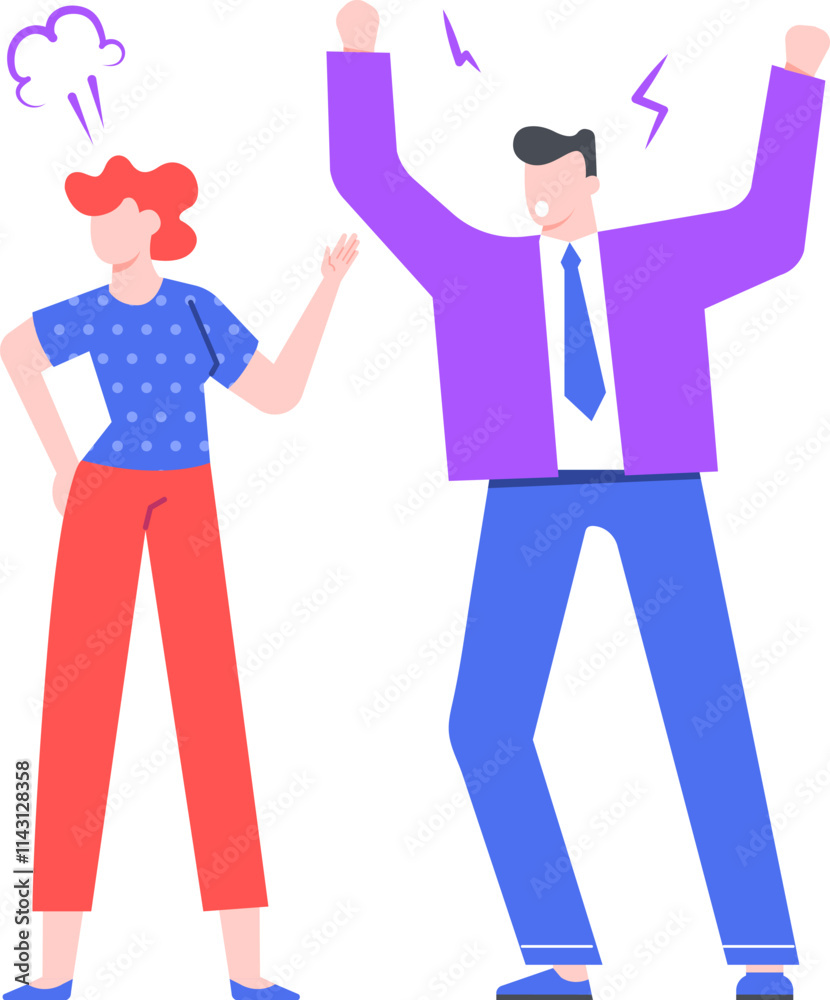 Office conflict unfolding between two colleagues, with a businessman yelling at his female coworker, who is visibly annoyed by his aggressive behavior and lack of professionalism Office conflict unfolding between two colleagues, with a businessman yelling at his female coworker, who is visibly annoyed by his aggressive behavior and lack of professionalism
