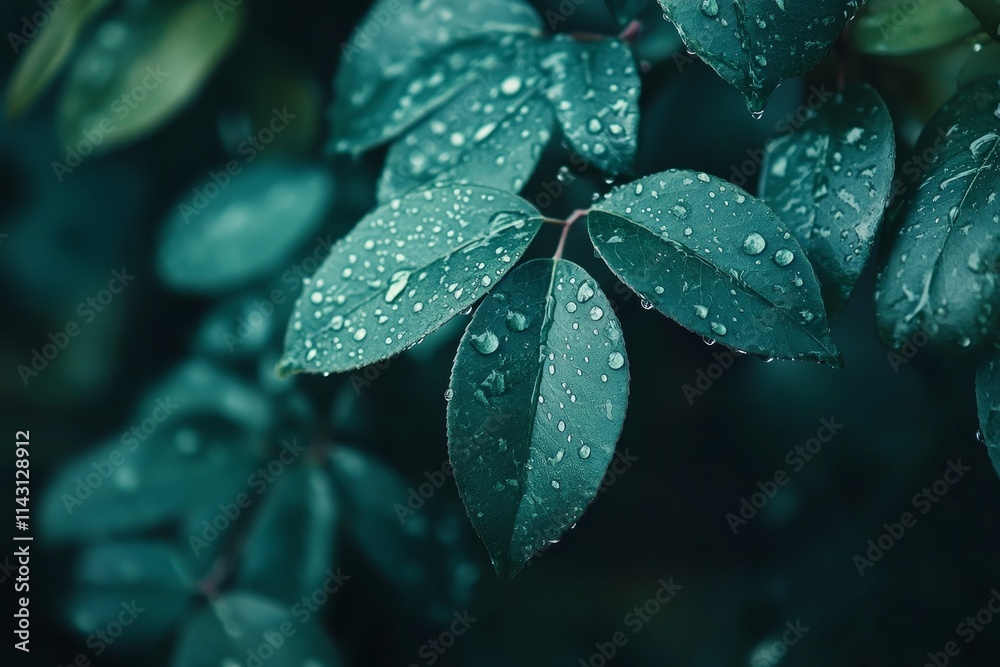 Close-up of lush green leaves with water droplets after rain. Close-up of lush green leaves with water droplets after rain.