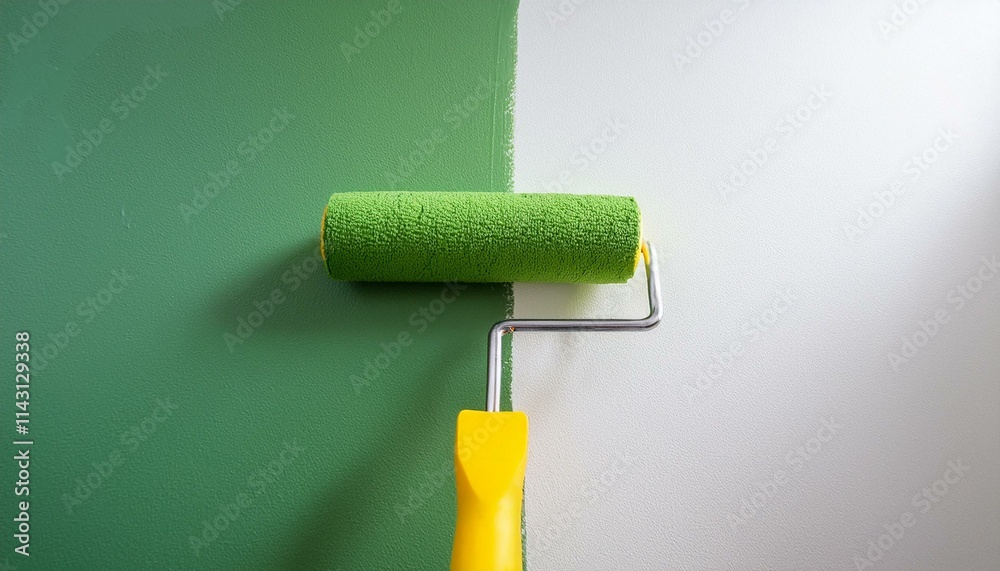 Obraz premium Roller applying paint to wall, scene of smooth rolling on wall