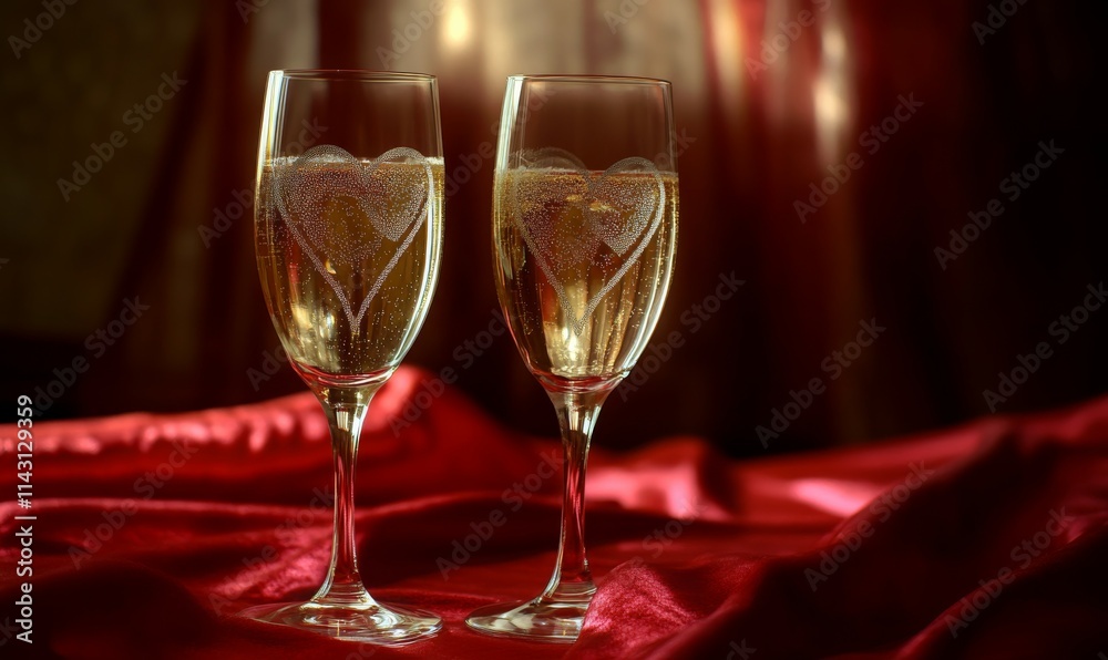 Crystal-clear champagne flutes with heart-etched designs, placed on a table covered with a red satin cloth, Crystal-clear champagne flutes with heart-etched designs, placed on a table covered with a red satin cloth,