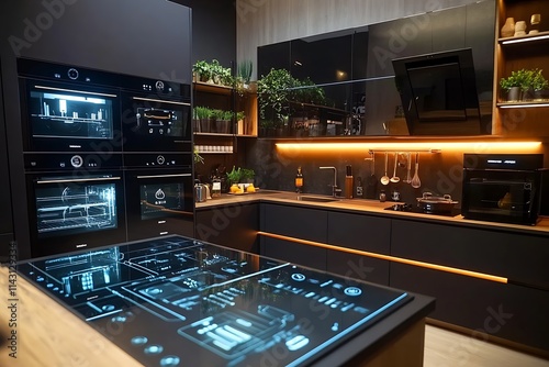 Modern Smart Kitchen Design: Sleek Black Cabinets, Interactive Countertops, and State-of-the-Art Appliances