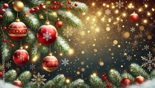 Illustrate classic Christmas-themed background with red and gold baubles, snow-covered evergreen branches, and twinkling fairy lights using Generative AI