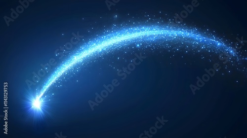 Light arc shooting star with magic neon curve Glitter flare arch line trail Blue dust sparkle glows from meteor flying at night