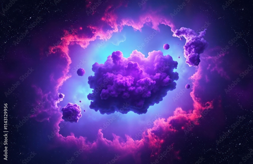 Obraz premium Colorful space scene shows large purple, pink clouds floating in space. Vibrant colors create fantasy nebula effect. Stars, celestial bodies visible in dark background. Abstract cosmic art. Looks