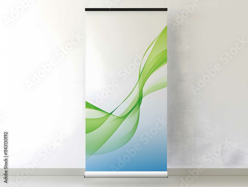 Simple minimalistic rollup poster design 1m x 2m showing a smooth flowing green line merging with a blue horizon line symbolizing green energy and cooperation with photo