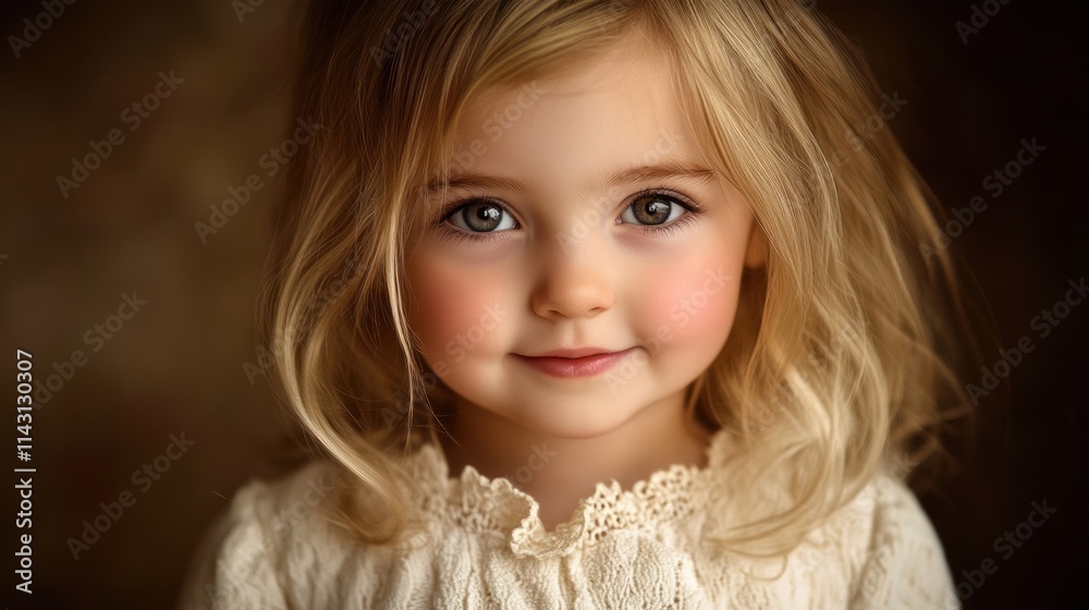 Adorable blonde toddler girl with rosy cheeks and big eyes, smiling gently at the camera.