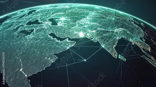 Global Network Connection: A mesmerizing digital rendering of Earth, illuminated by a network of glowing connections, symbolizing global connectivity and the flow of information. 