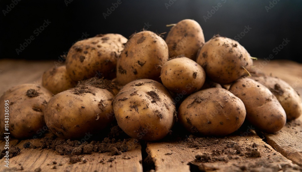 Freshly Dug Potatoes Covered in Soil Arranged on a Rustic Wooden Table Freshly Dug Potatoes Covered in Soil Arranged on a Rustic Wooden Table