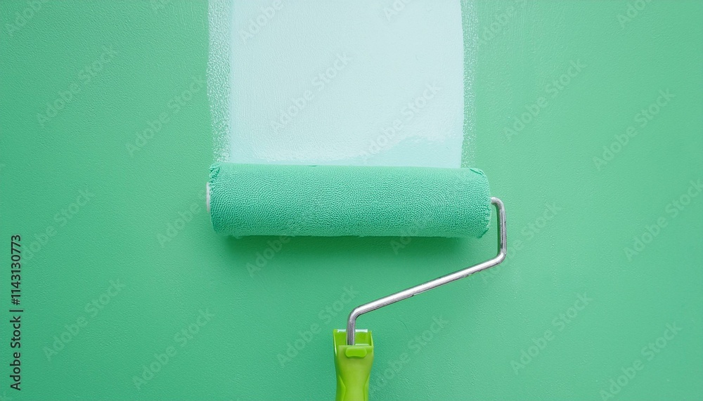 Obraz premium Roller applying paint to wall, scene of smooth rolling on wall