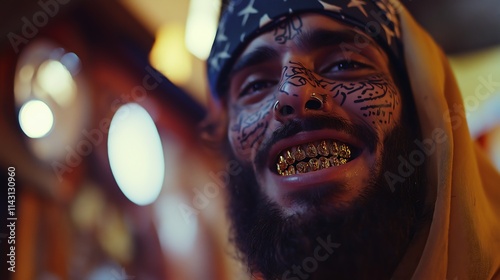 Bearded Muslim Arab man with a face tattooed with Arabic calligraphy. His teeth are covered in gold grillz. he wears a keffiyeh