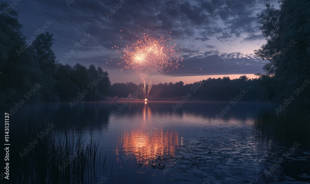 Fireworks reflect in a calm lake creating a stunning 4th of July picture. Fireworks reflect in a calm lake creating a stunning 4th of July picture.