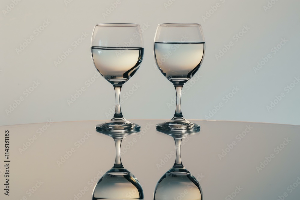 Two elegant wine glasses are standing on a table and reflecting on its surface Two elegant wine glasses are standing on a table and reflecting on its surface