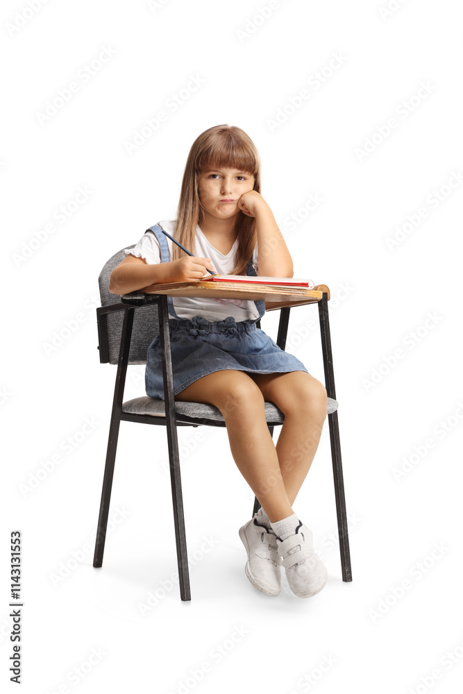 Fototapeta premium Sad little girl sitting in a school chair