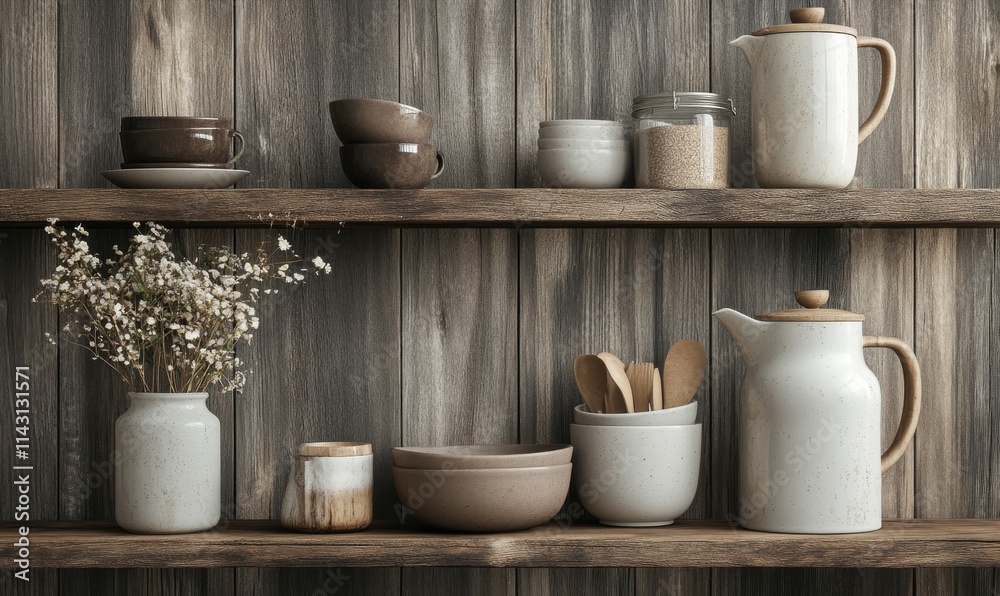 Ceramic kitchen accessories in mocha mousse tones displayed on a rustic wooden shelf. Ceramic kitchen accessories in mocha mousse tones displayed on a rustic wooden shelf.