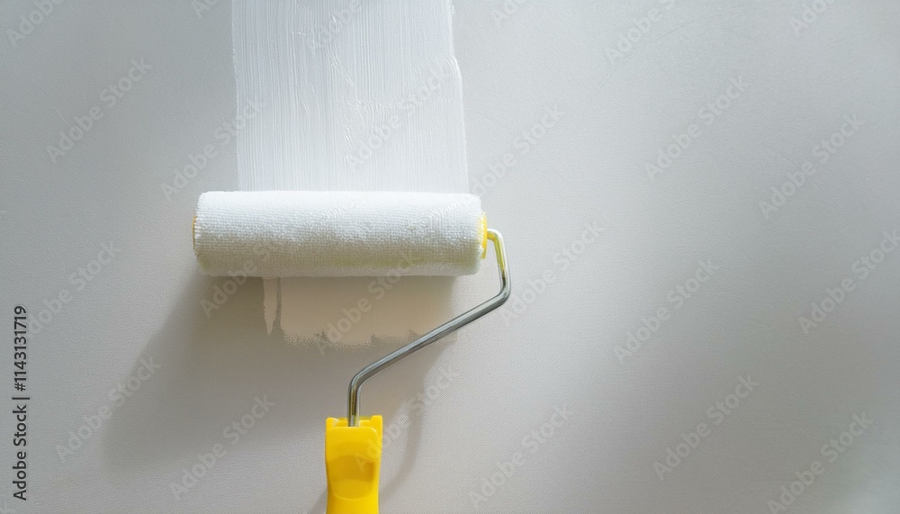 Obraz premium Roller applying paint to wall, scene of smooth rolling on wall