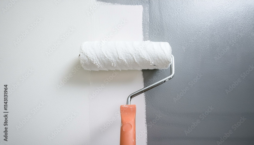 Obraz premium Roller applying paint to wall, scene of smooth rolling on wall