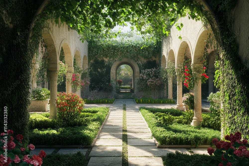 Fototapeta premium Sunlit stone courtyard, lush greenery, flowering plants.