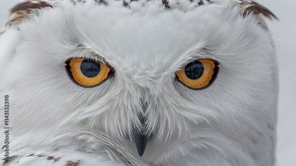 Obraz premium Close-up of snowy owl with intense yellow eyes on white background