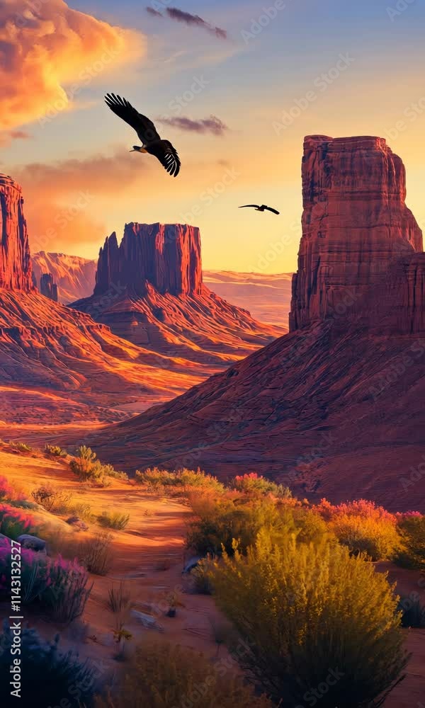 Breathtaking sunset over Monument Valley with saguaro cacti and soaring eagle in the sky