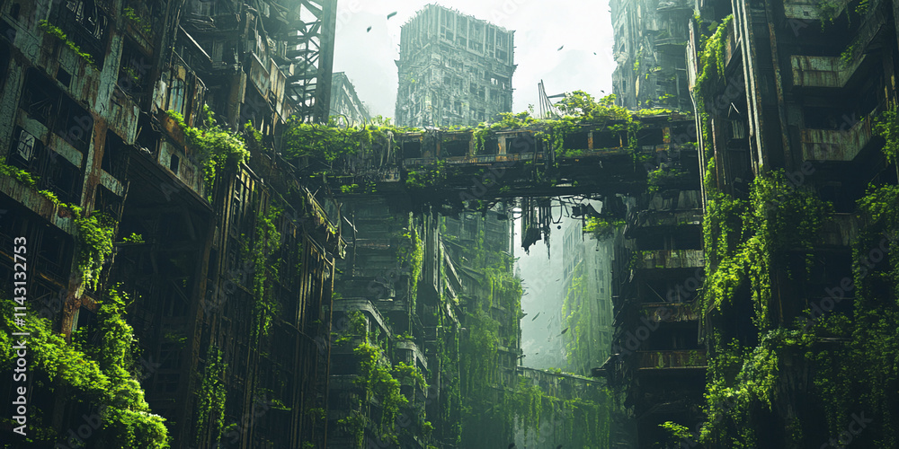 Urban landscape overtaken by nature in a post-apocalyptic setting with crumbling buildings and dense greenery Urban landscape overtaken by nature in a post-apocalyptic setting with crumbling buildings and dense greenery