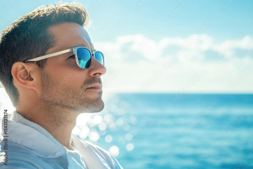 Young caucasian male in sunglasses gazing at the ocean on a sunny day